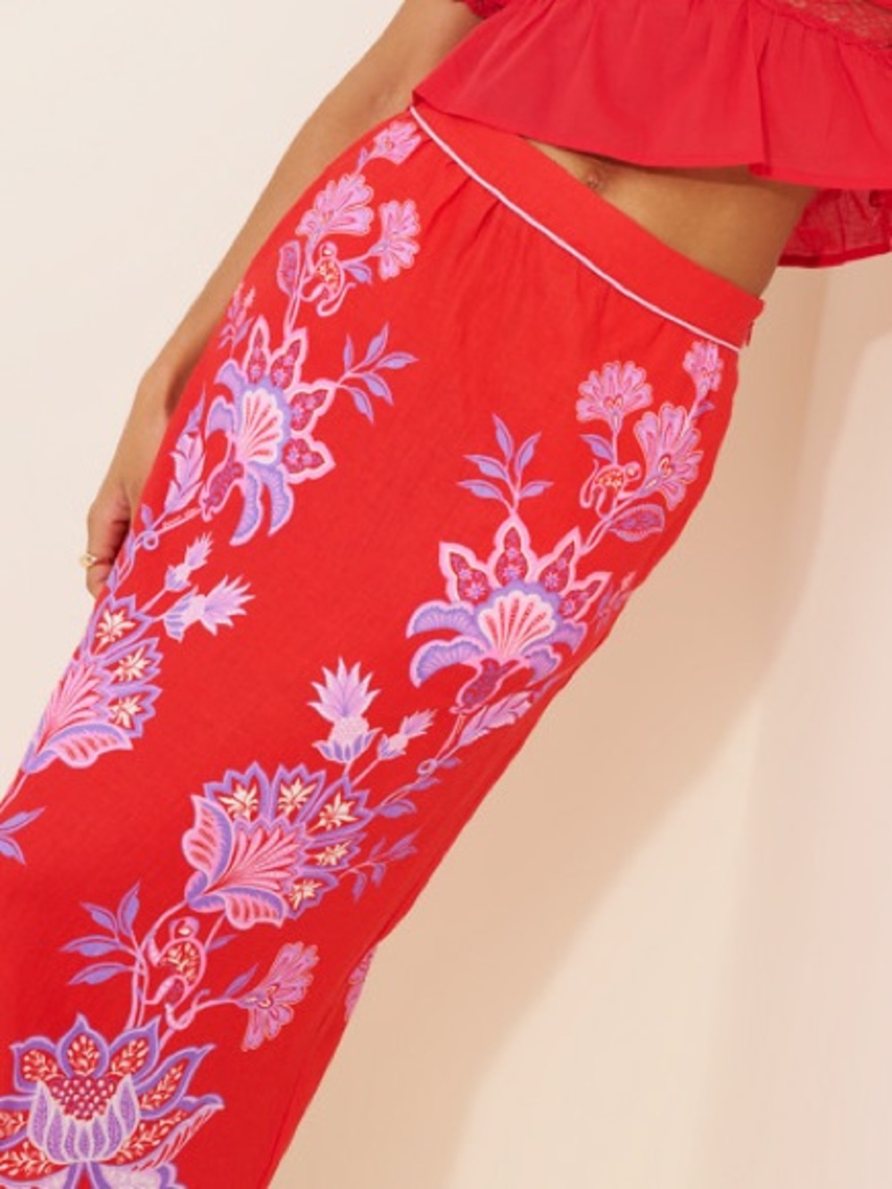 FARM Rio Porcelain Garden Red Motif Linen Blend Scalloped Midi Skirt S - Picture 9 of 16